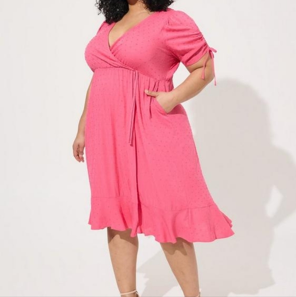 Torrid Midi Dress womens 2X pink midi faux wrap surplice Swiss dot - Picture 2 of 9